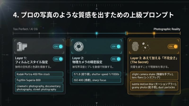  プロの写真のような質感を出すための上級プロンプト