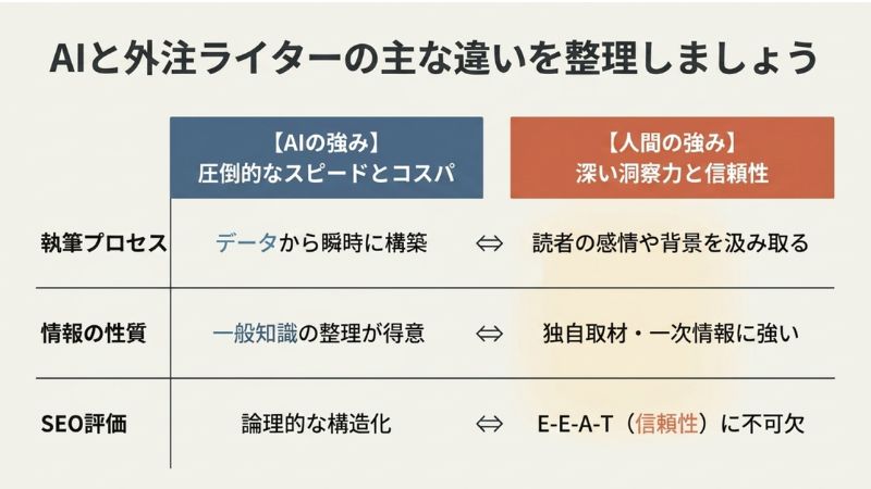 AIと外注ライターの主な違いを整理しましょう