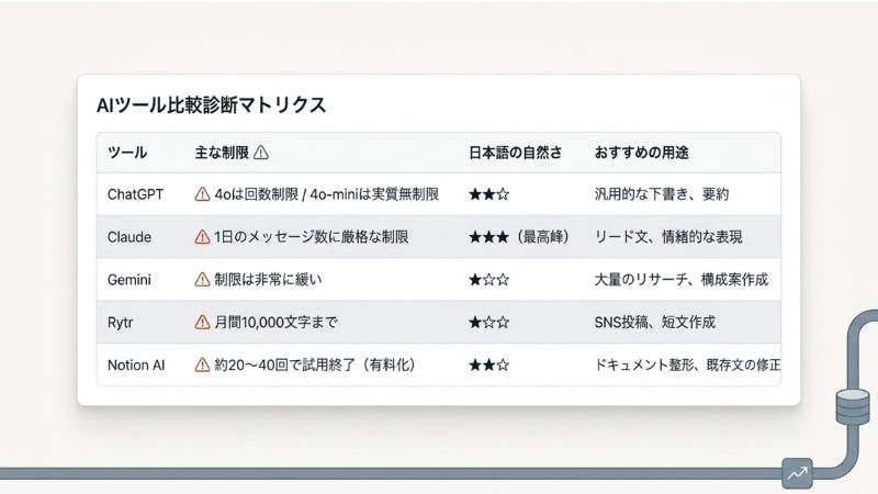 主要ツールの無料制限比較表【2026年最新版】